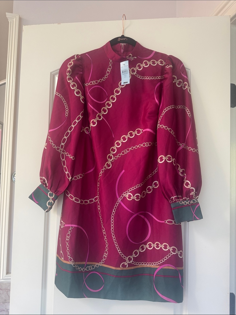 Ann Taylor Fuchsia Chain-Print Midi Dress with Green Trim